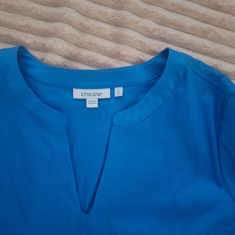 Chico's Elegant Blue Women Dress, Short sleeves with pockets . Size 8 - Picture 5 of 7